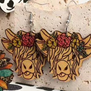 Long Hair Scottish Highland Cow Wood Earrings with Crown of Flowers